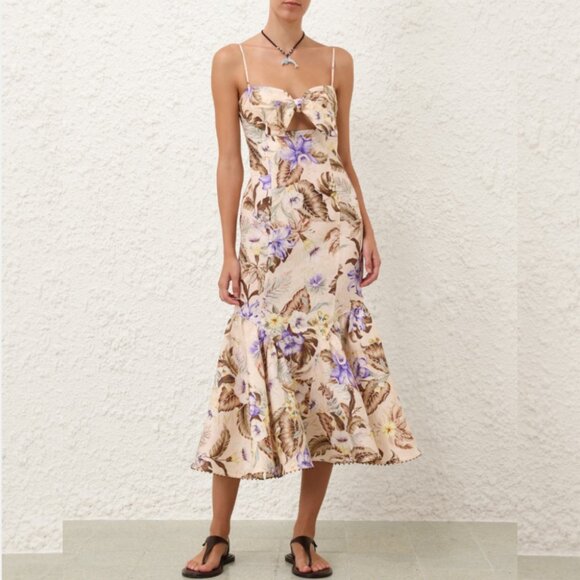 Zimmermann Coco bow-detail Floral Linen Midi Dress
